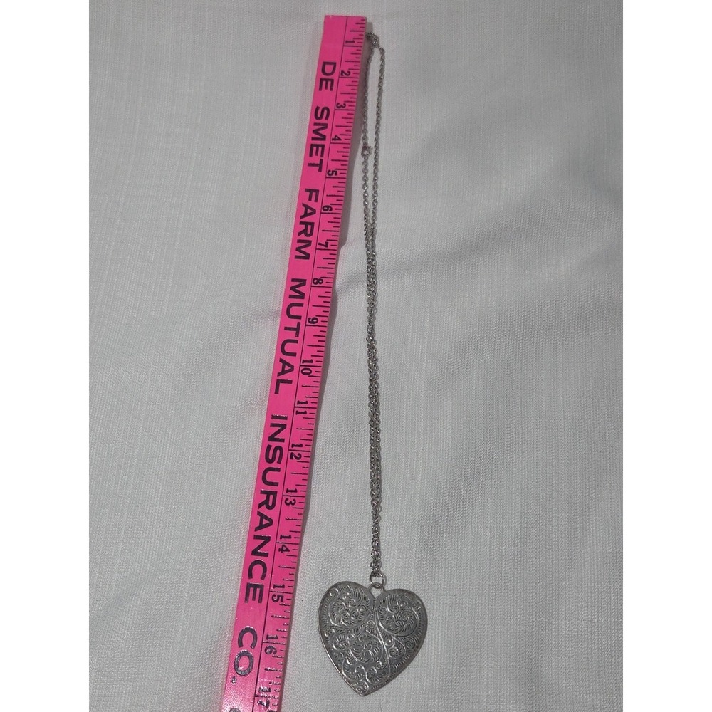 Silver Tone Heart Necklace Western Style Boho Engraved Large - Picture 6 of 6